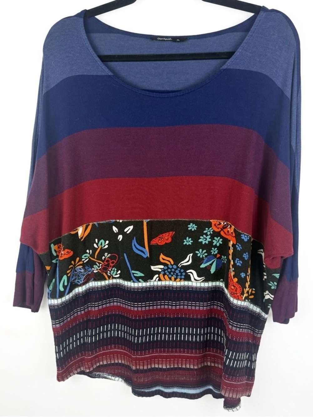 Desigual Colorblock Mixed Media Floral Geometric Knit Top XL